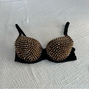 Black Push-Up Bra 36C Gold Tone Metallic Spike Studs Edgy Glam